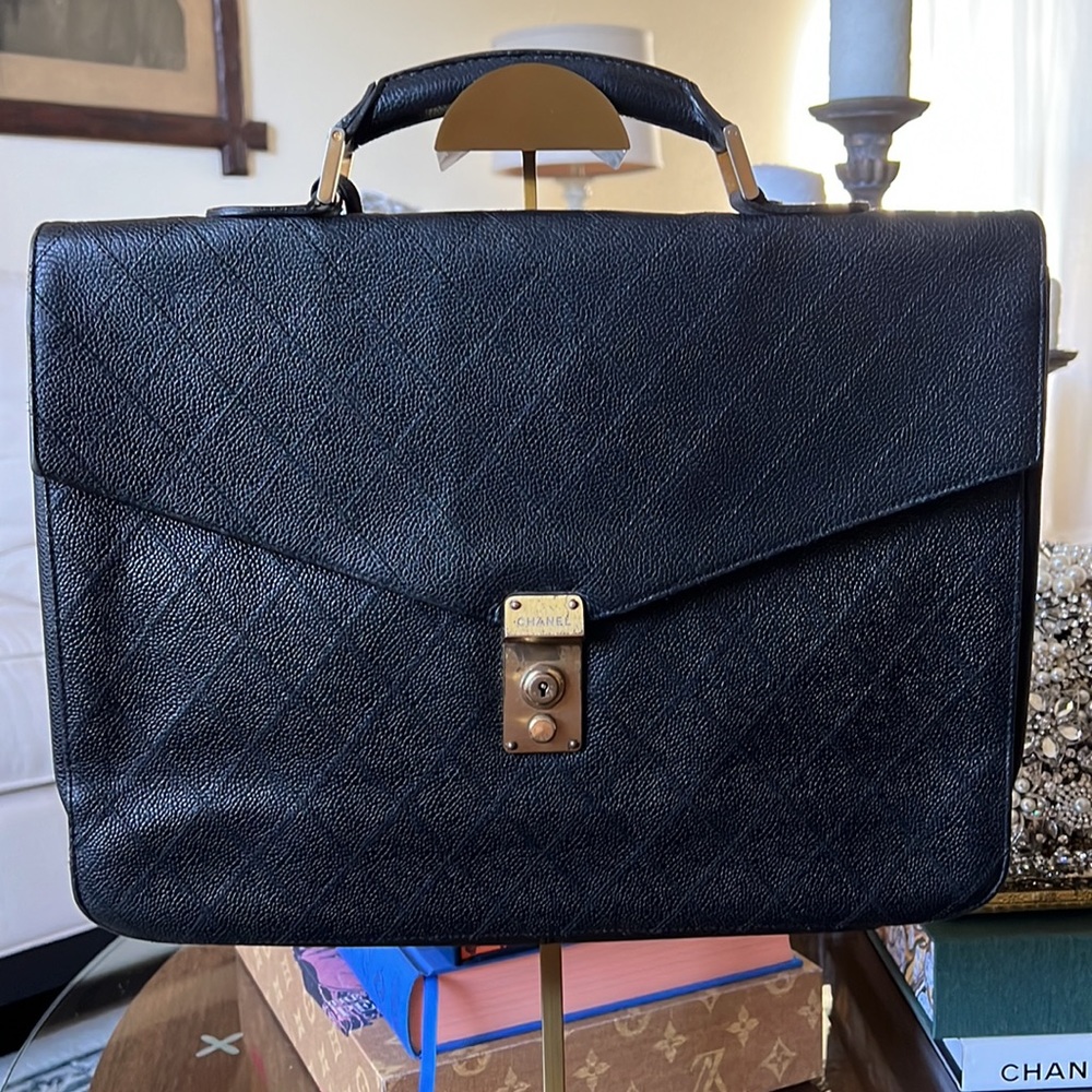 Authentic CHANEL Logo Briefcase Hand Bag Caviar Skin Leather Black Gold Italy